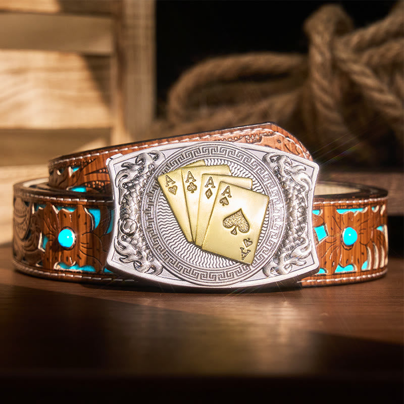 Herren DIY Gold Poker Verstecktes Klappmesser Ledergürtel - Gold Poker - Türkisfarbener geschnitzter Gürtel - 42 - image 7