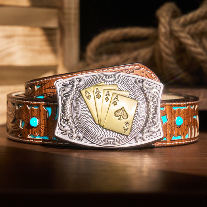 Herren DIY Gold Poker Verstecktes Klappmesser Ledergürtel - Gold Poker - Türkisfarbener geschnitzter Gürtel - 42 - image 7