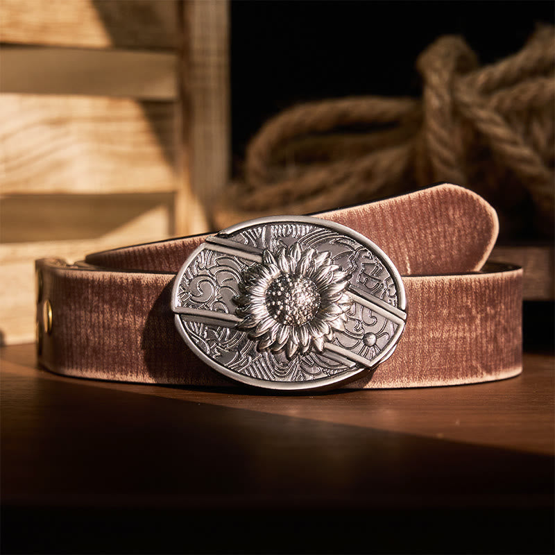 Herren DIY Sonnenblumen-Klappmesser-Ledergürtel - Sonnenblume - Brauner Distressed-Gürtel - 42 - image 10