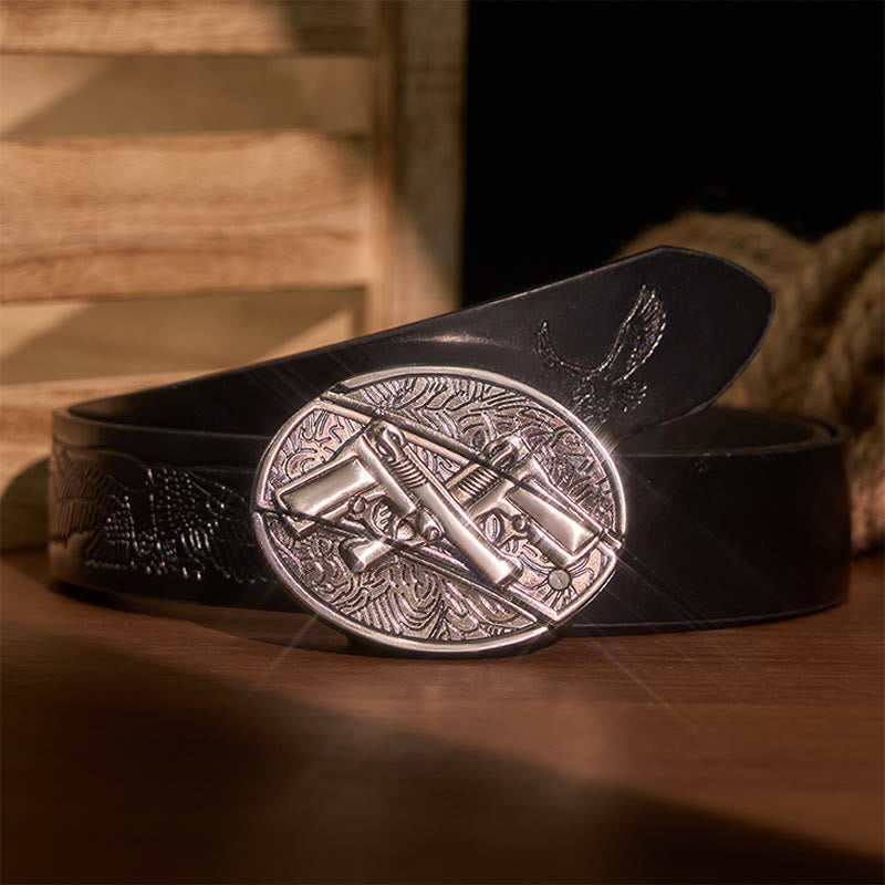 Herren DIY Dual Gun Verstecktes Klappmesser Ledergürtel - Doppelpistole - Schwarzer Gürtel mit geprägtem Adler - 42 - image 6