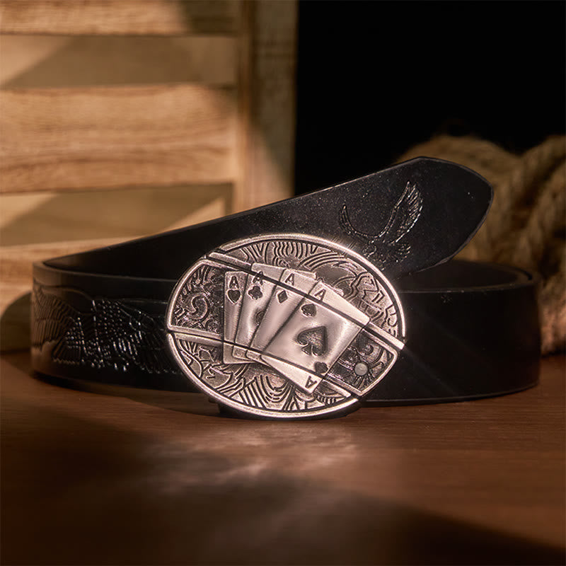 Herren DIY Poker 4 Ace Verstecktes Klappmesser Ledergürtel - Poker 4 Ass - Schwarzer Gürtel mit geprägtem Adler - 42 - image 6