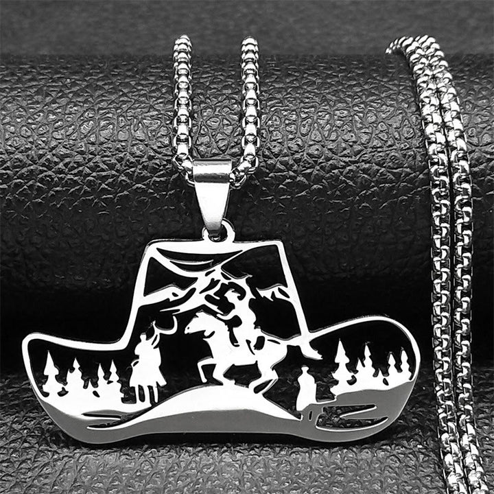 Halskette mit Anhänger aus Metallkette und Western-Cowboyhut-Motiv - Silber - image 1