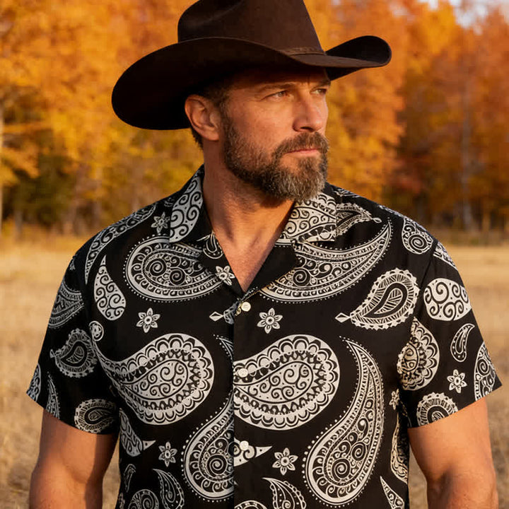 Herren-Kurzarmhemd mit Western-Paisley-Muster und Camp-Kragen - Schwarz - 5XL - image 5