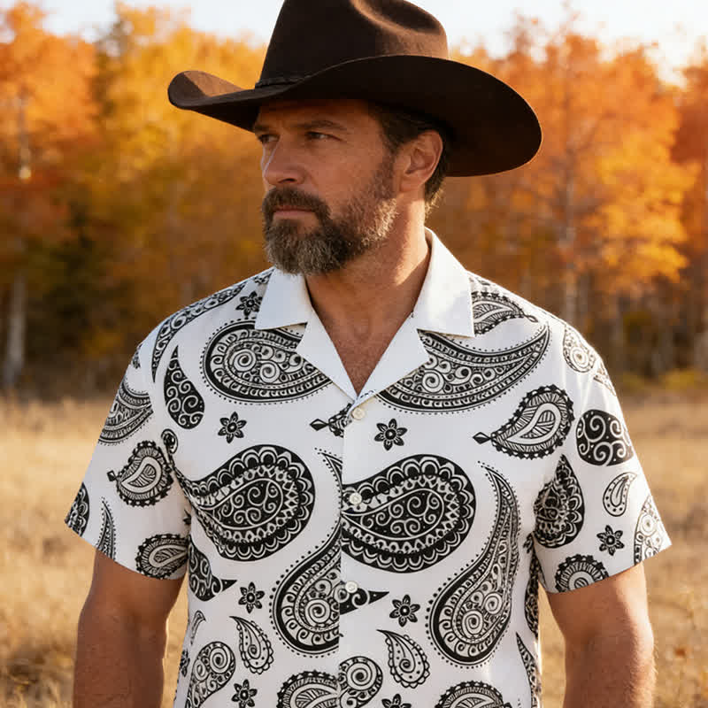 Herren-Kurzarmhemd mit Western-Paisley-Muster und Camp-Kragen - Weiß - 5XL - image 4