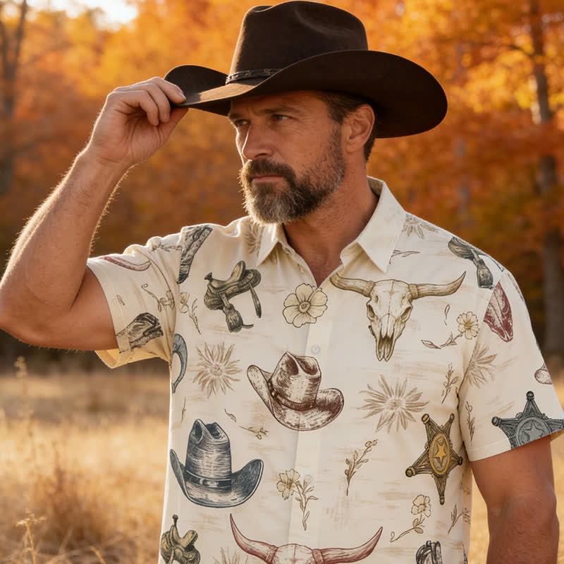 Herrenhemd mit Western-Spirit-Ranch- und Wildwest-Skizzenprint - Weiß - 6XL - image 0