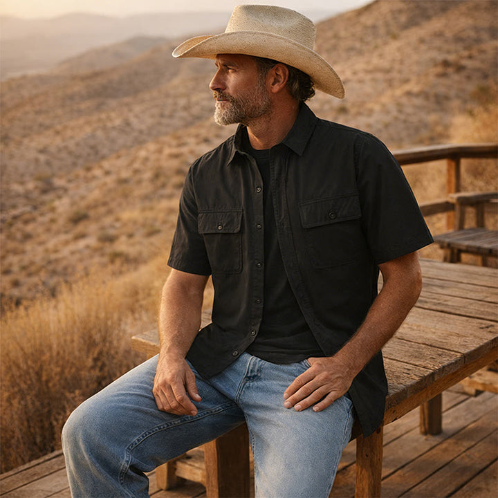 Sommerliches Arbeitshemd im Cowboy-Stil für Herren mit Brusttaschen - Schwarz - 5XL - image 4