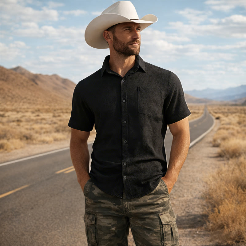 Herren-Sommerhemd in Unifarbe mit Reverstasche - Schwarz - 3XL - image 7