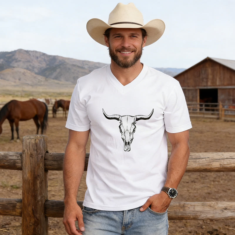 Western-T-Shirt für Herren mit Bullenkopf-Print und V-Ausschnitt - image 1