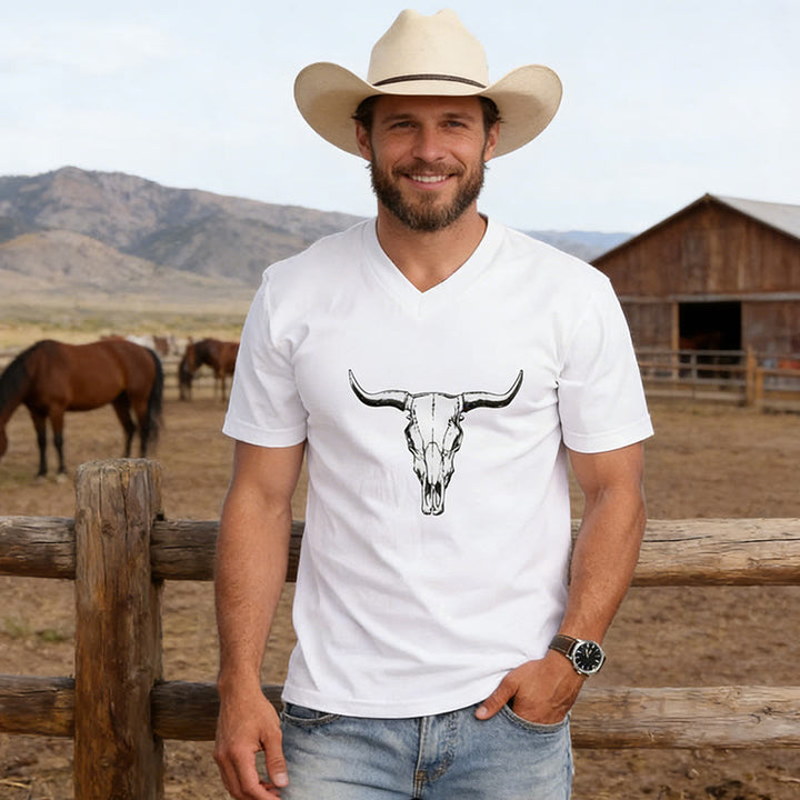 Western-T-Shirt für Herren mit Bullenkopf-Print und V-Ausschnitt - image 1
