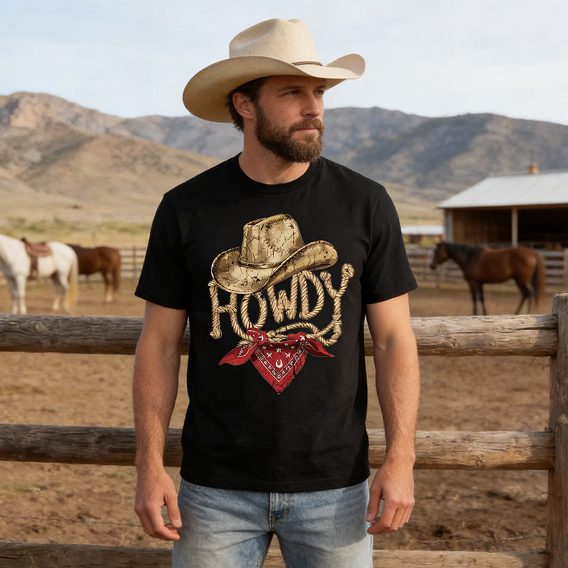 Herren-T-Shirt im Vintage-Western-Stil mit Aufdruck „Howdy Cowboy“ - Schwarz - 3XL - image 0