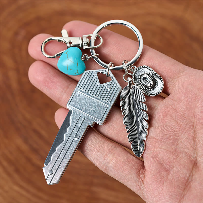 Western Feather Türkis Anhänger, silbernes Klappmesser, Schlüsselanhänger - image 4