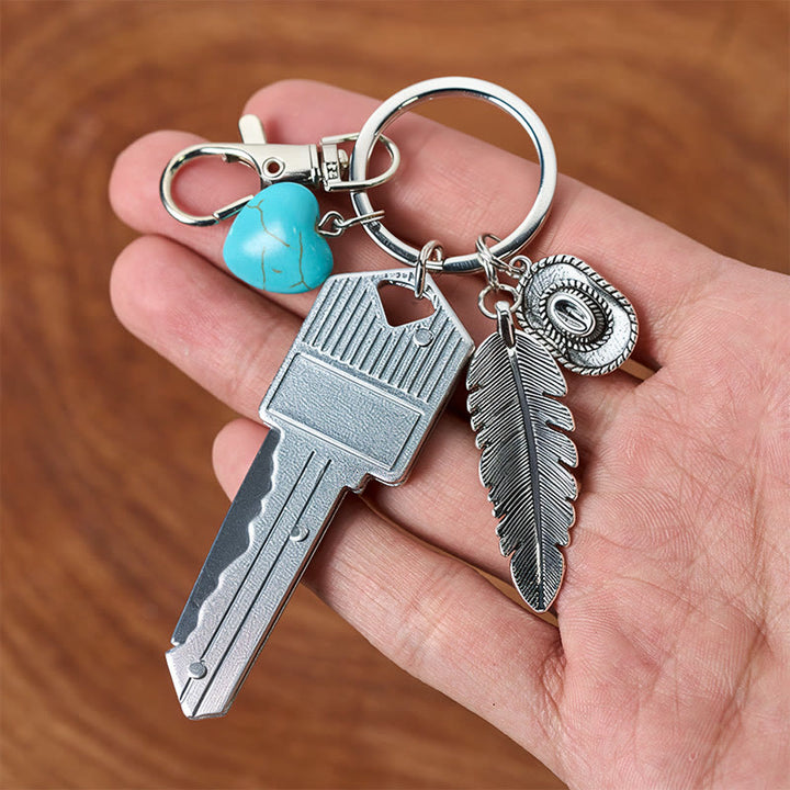 Western Feather Türkis Anhänger, silbernes Klappmesser, Schlüsselanhänger - image 4