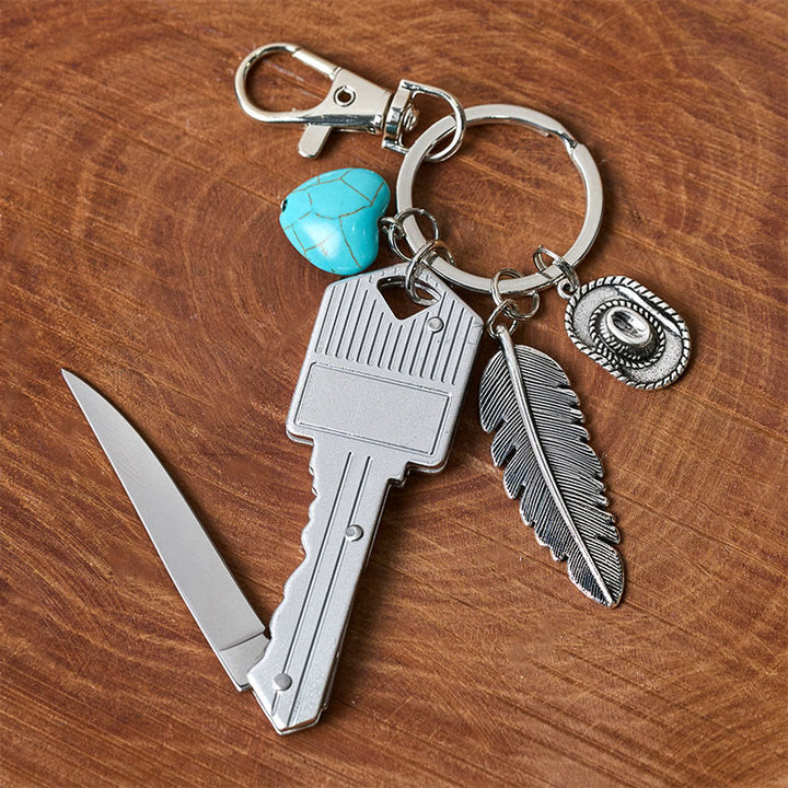Western Feather Türkis Anhänger, silbernes Klappmesser, Schlüsselanhänger - image 5