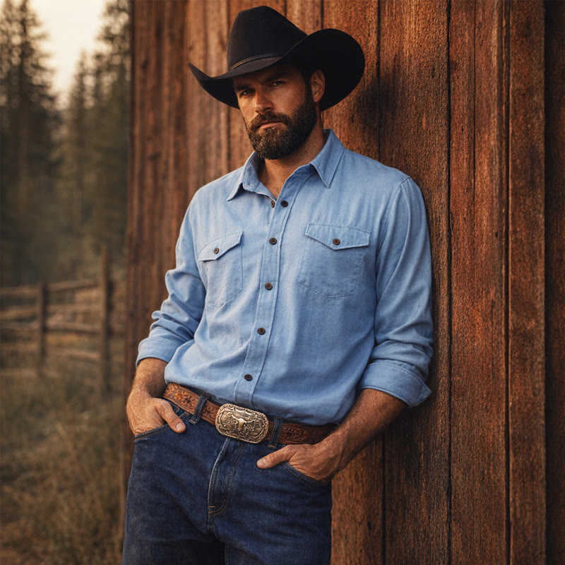 Klassisches hellblaues, gewaschenes Denim-Arbeitshemd für Herren - Hellblau - 3XL - image 0