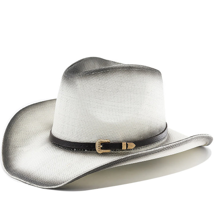 Retro-Stroh-Cowboyhut mit Farbverlauf, Gürtel und breiter Krempe - Weiß - M (22"-22 7/8") - image 1