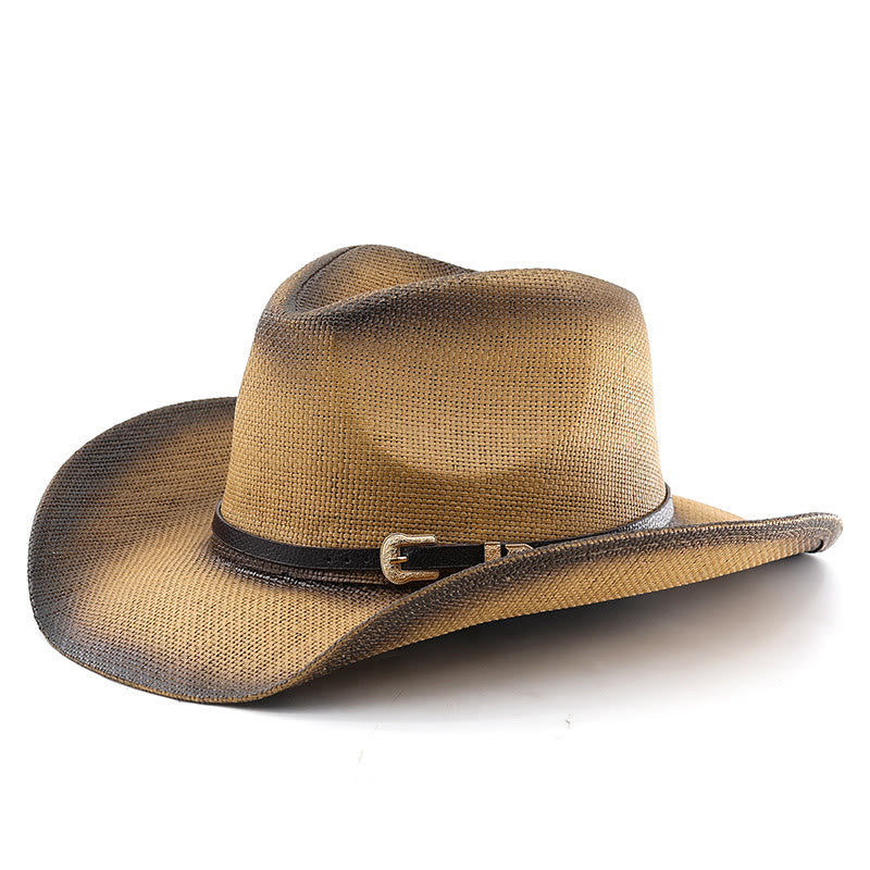 Retro-Stroh-Cowboyhut mit Farbverlauf, Gürtel und breiter Krempe - Khaki - M (22"-22 7/8") - image 0