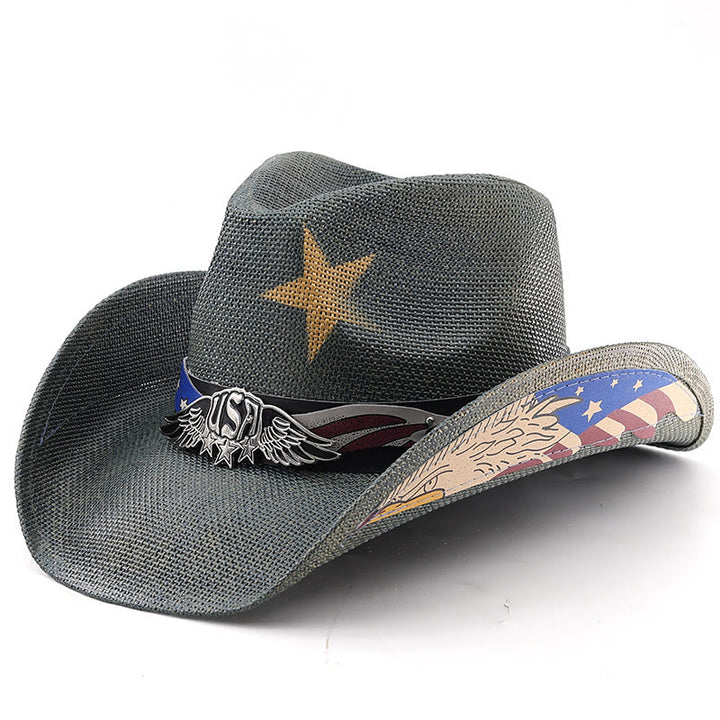 Stroh-Western-Cowboyhut mit USA-Adleremblem für Herren - Armeegrün - M (22"-22 7/8") - image 6