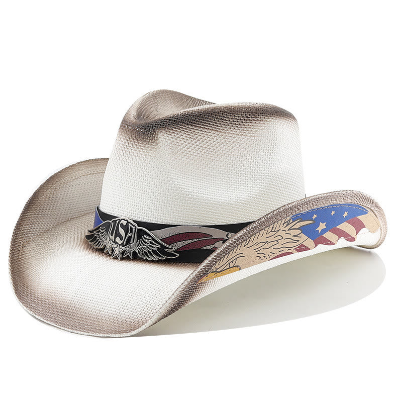 Stroh-Western-Cowboyhut mit USA-Adleremblem für Herren - Weiß - M (22"-22 7/8") - image 5
