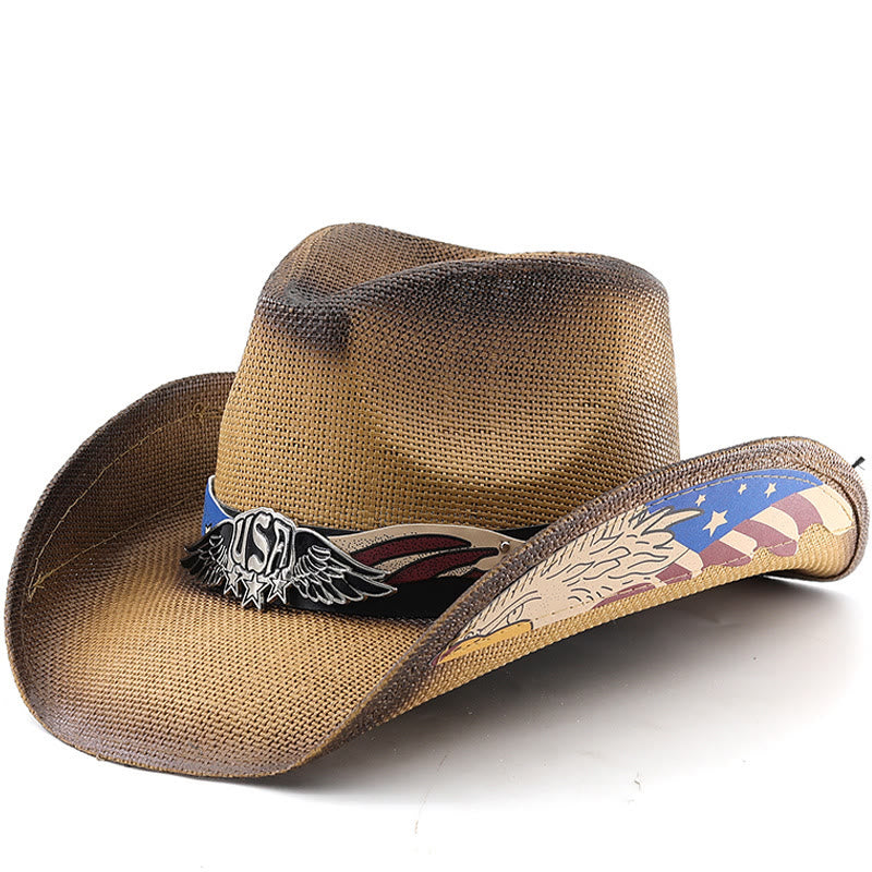 Stroh-Western-Cowboyhut mit USA-Adleremblem für Herren - Khaki - M (22"-22 7/8") - image 0