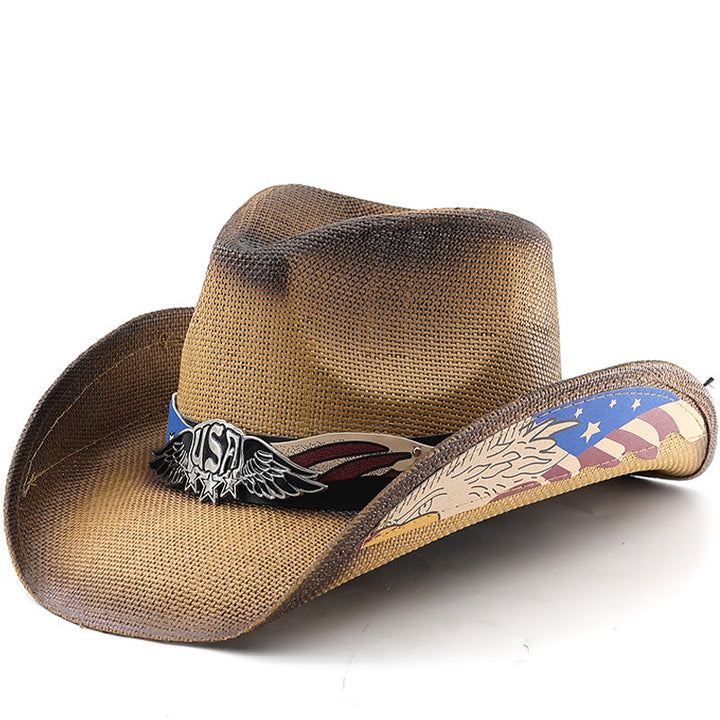 Stroh-Western-Cowboyhut mit USA-Adleremblem für Herren - Khaki - M (22"-22 7/8") - image 0
