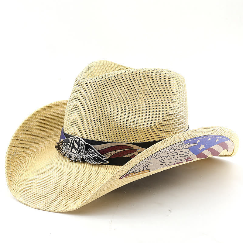 Stroh-Western-Cowboyhut mit USA-Adleremblem für Herren - Beige - M (22"-22 7/8") - image 4