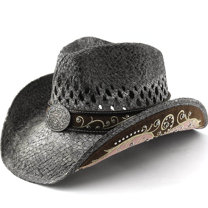 Stroh-Sonnenhut im Western-Cowboy-Stil mit gebogener Krempe - Schwarz - M (22"-22 7/8") - image 0