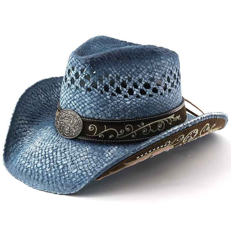 Stroh-Sonnenhut im Western-Cowboy-Stil mit gebogener Krempe - Blau - M (22"-22 7/8") - image 9