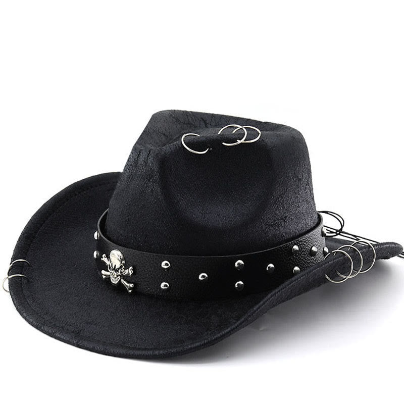Party Totenkopf-Dekoration Unisex Cowboyhut aus PU-Leder - Schwarz - M (22"-22 7/8") - image 0
