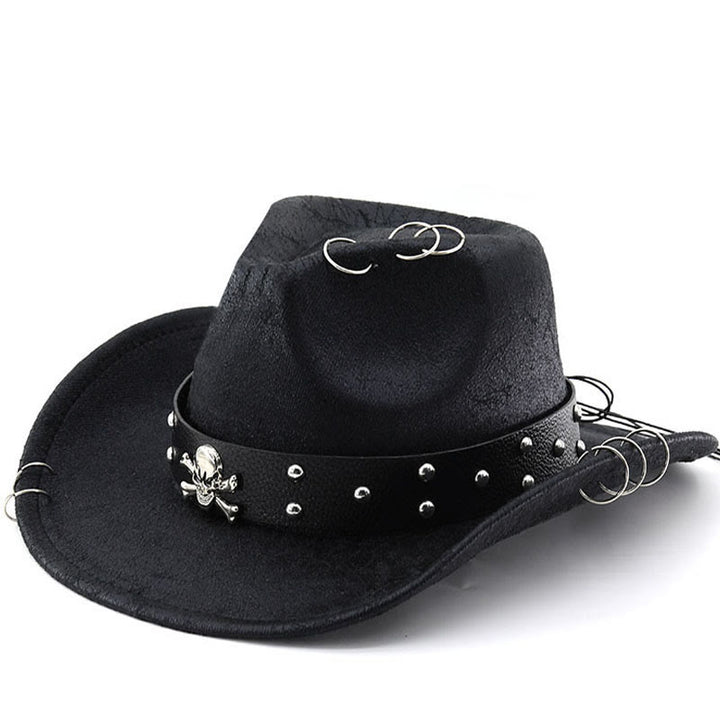 Party Totenkopf-Dekoration Unisex Cowboyhut aus PU-Leder - Schwarz - M (22"-22 7/8") - image 0