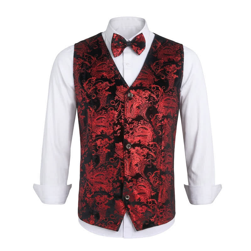 Elegante Herrenweste mit Paisley-Heißprägung, V-Ausschnitt und Fliege - Rot - 3XL - image 0