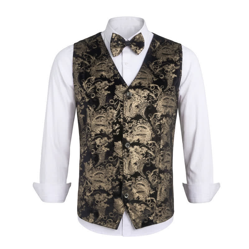 Elegante Herrenweste mit Paisley-Heißprägung, V-Ausschnitt und Fliege - Golden - 3XL - image 11
