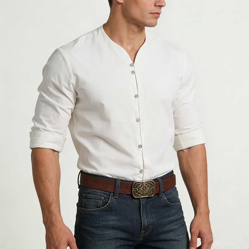 Herren-Retro-Hemd mit Henry-Kragen, atmungsaktiv, einfarbig - image 1