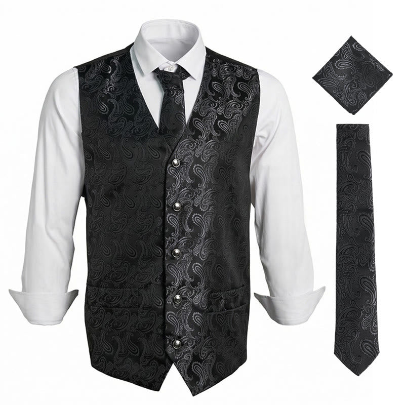 3-teiliges elegantes Herren-Anzugwesten-Set mit Paisley-Jacquardmuster - Schwarz - 3XL - image 4