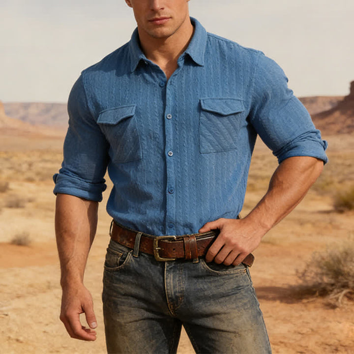 Herren Retro Jacquard Cowboy Workwear Langarmhemd - Blau - 2XL - image 0