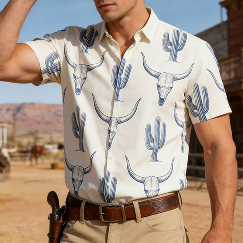 Kurzarmhemd im Western-Ranch-Stil mit Bullhead-Kaktus-Print - Bullhead & Kaktus - 4XL - image 0