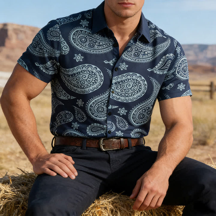 Herren-Kurzarmhemd mit Western-Paisley-Muster und Camp-Kragen - Marine - 5XL - image 0