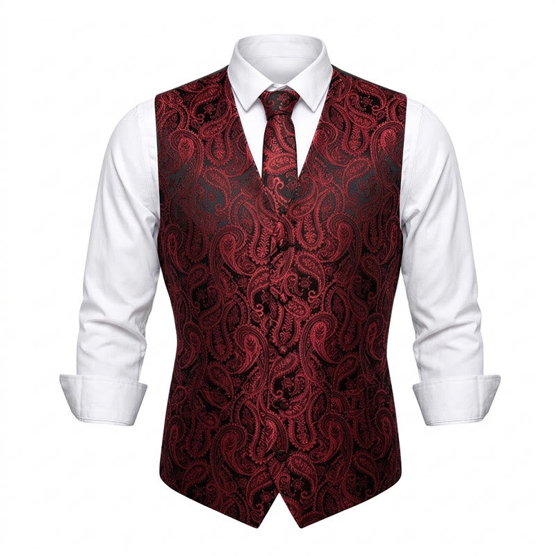 3-teiliges Herren-Westen-Set mit Jacquard-Paisley-Muster - Rot - 3XL - image 3