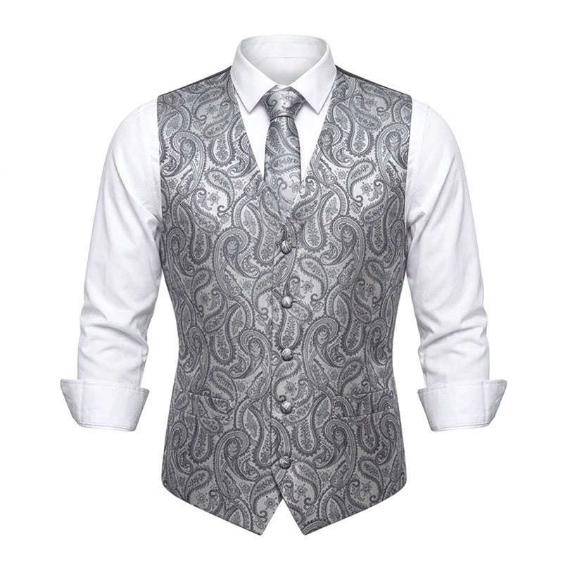 3-teiliges Herren-Westen-Set mit Jacquard-Paisley-Muster - Silber - 3XL - image 5