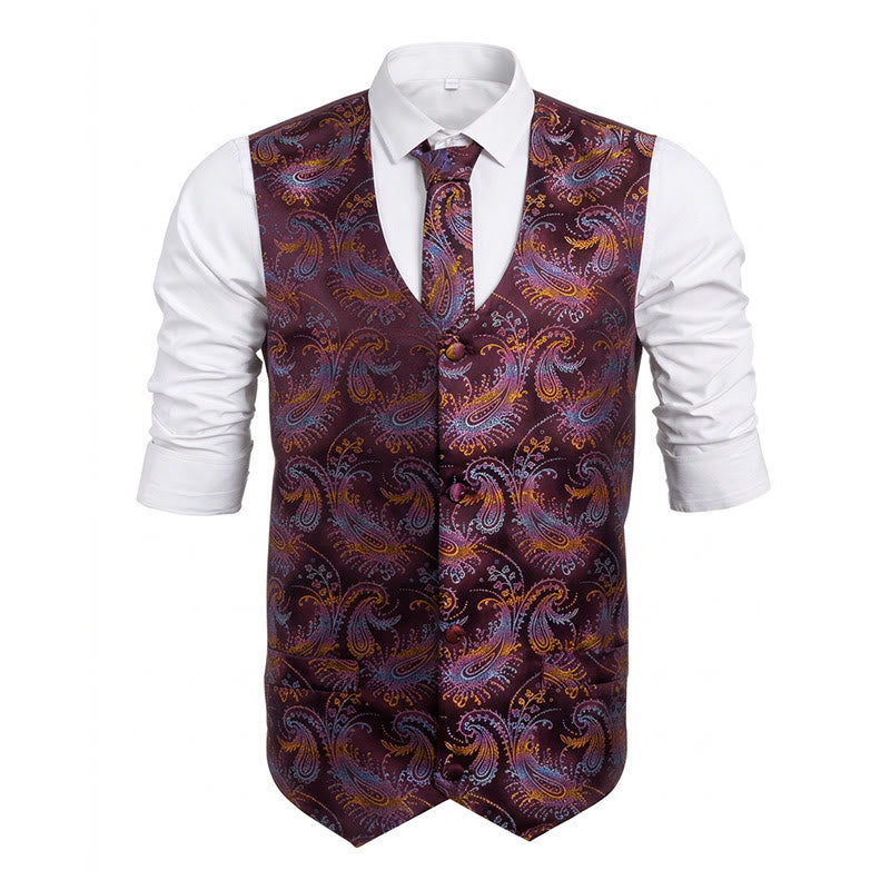3-teiliges Herren-Anzugwesten-Set im Retro-Paisley-Muster - Wein - 2XL - image 5