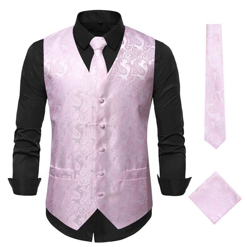 3-teiliges elegantes Herren-Anzugwesten-Set mit Paisley-Jacquardmuster - Rosa - 3XL - image 6