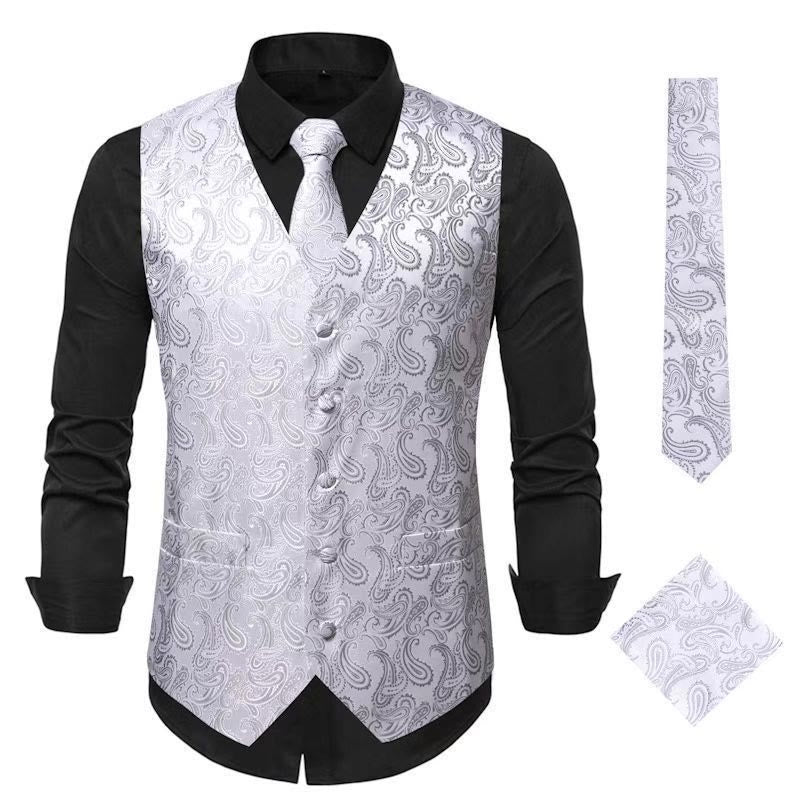 3-teiliges elegantes Herren-Anzugwesten-Set mit Paisley-Jacquardmuster - Silber - 3XL - image 9