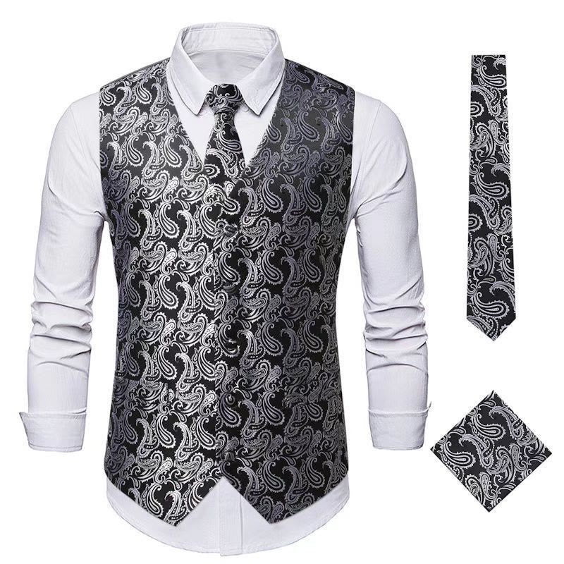 3-teiliges elegantes Herren-Anzugwesten-Set mit Paisley-Jacquardmuster - Schwarz Silber - 3XL - image 10