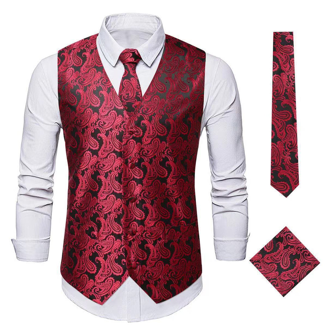 3-teiliges elegantes Herren-Anzugwesten-Set mit Paisley-Jacquardmuster - Rot - 3XL - image 11
