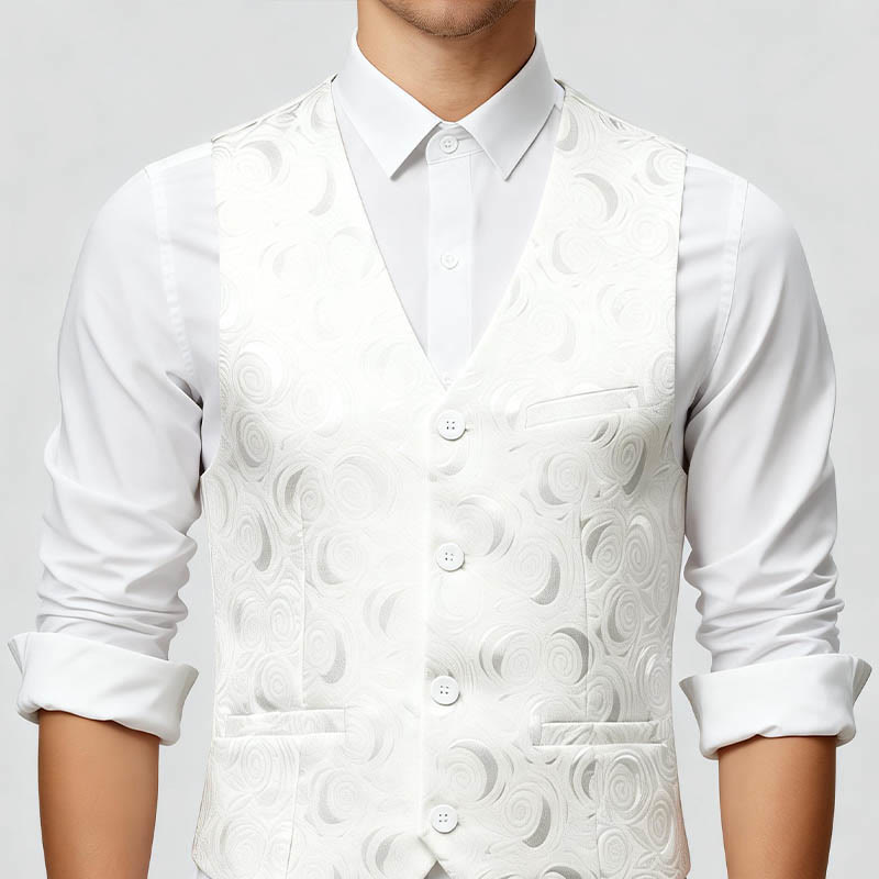 Elegante weiße Herrenweste mit Paisley-Jacquardmuster und drei Taschen - image 3