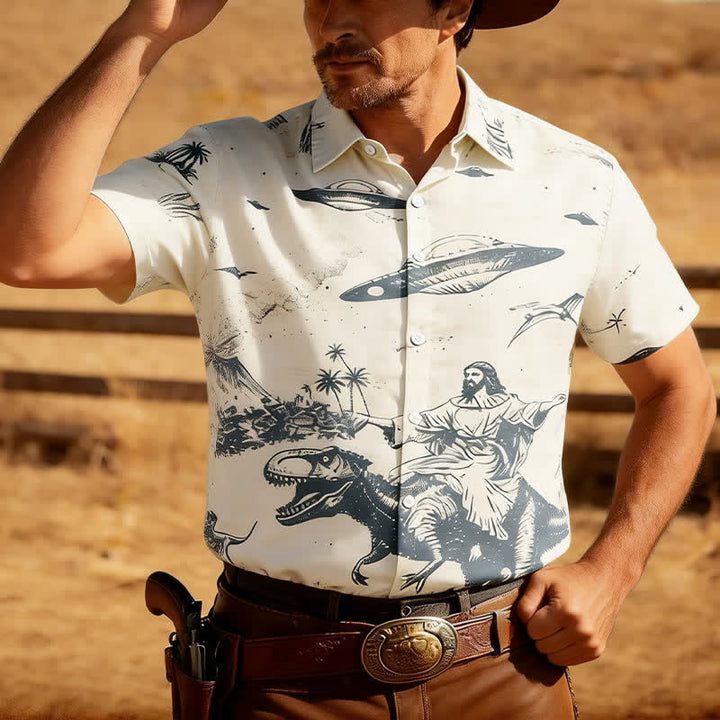 Westernhemd für Herren mit surrealem Dinosaurier-Reit- und UFO-Wüstenskizzenmuster - Weiß - 6XL - image 0