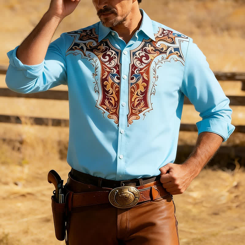Traditionelles Herrenhemd im Cowboy-Stil mit 3D-Druck - Himmelblau - 3XL - image 6