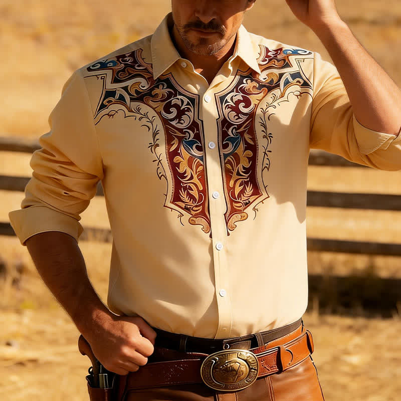 Traditionelles Herrenhemd im Cowboy-Stil mit 3D-Druck - Khaki - 3XL - image 0