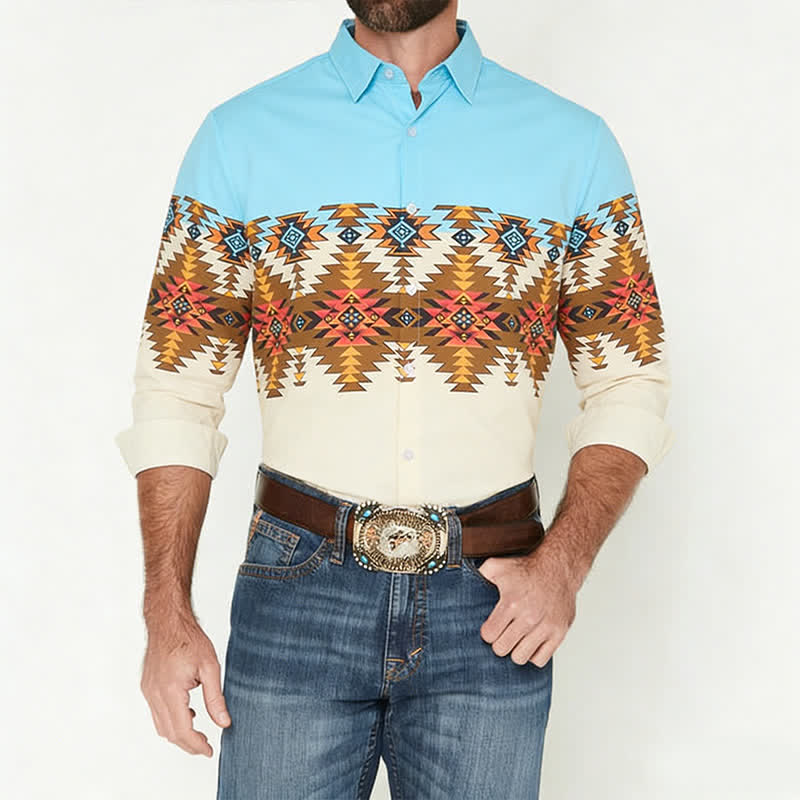 Herren-Westernhemd mit Farbblock-Design und Aztekenmuster im Südwest-Stil - image 1