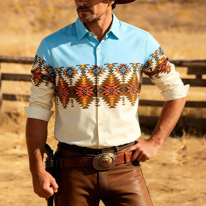 Herren-Westernhemd mit Farbblock-Design und Aztekenmuster im Südwest-Stil - Blau & Khaki - 3XL - image 0