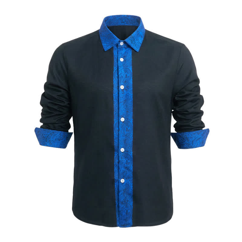 Herrenhemd mit schwarzem und blauem Paisley-Muster und Kontrastkragen - Schwarz & Blau - 6XL - image 0